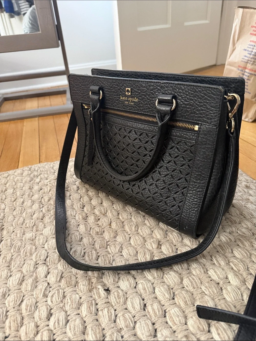 kate spade Black Embossed Leather Satchel with Gold Hardware